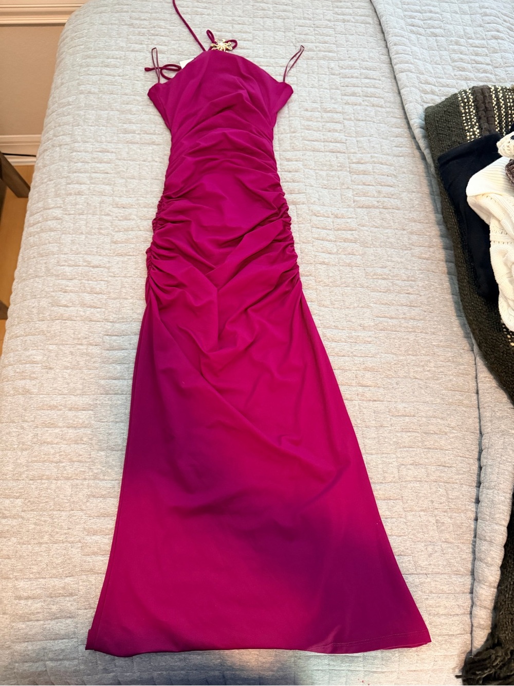 Fuchsia Ruched Spaghetti-Strap Evening Dress